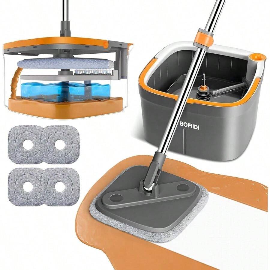 Juego de fregona y cubo, fregona giratoria con sistema de suciedad separado, fregonas de limpieza profunda para pisos, fregonas versátiles para paredes - 4 almohadillas - Ver 1
