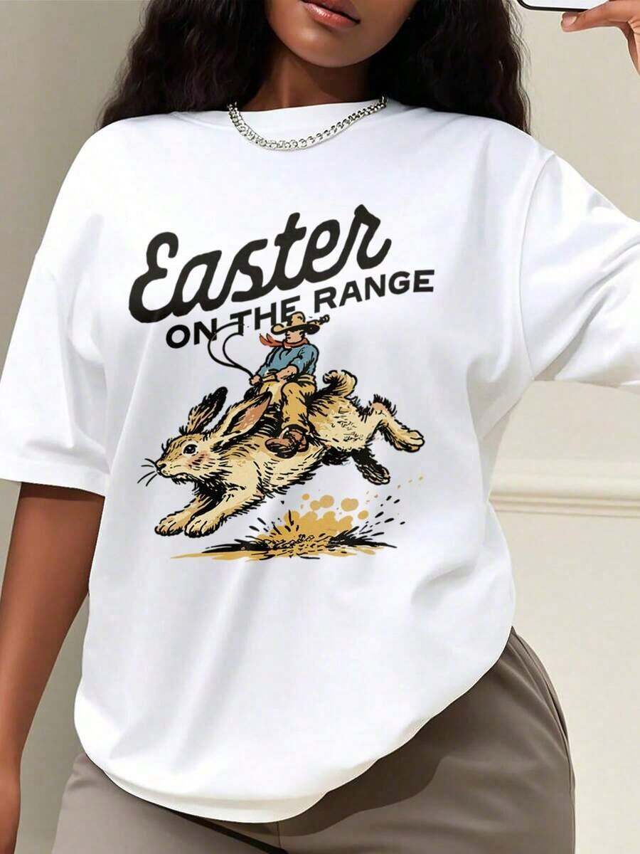 1 Piece Everyday Style Easter T-Shirt, Vintage Easter Bunny Graphic Tee, Easter Gift, Spring Vintage Western Style Rodeo Bunny Easter Cowboy T-Shirt Design, Made To Gently Enhance Curves, Comfortable And Confidence-Boosting, 180g 100% Cotton, All Patterns Are Printed. Unisex. - 白色 - 查看 1