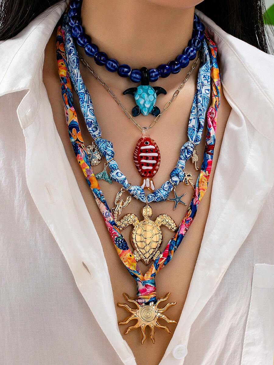 1 chiếc vòng cổ mặt dây chuyền phong cách Boho mùa hè cho nữ, bộ vòng cổ mặt dây chuyền hình sinh vật biển - hình cá, rùa, mặt dây chuyền hình mặt trời, trang sức Bohemian nhiều lớp. - Nhiều màu - Xem 1