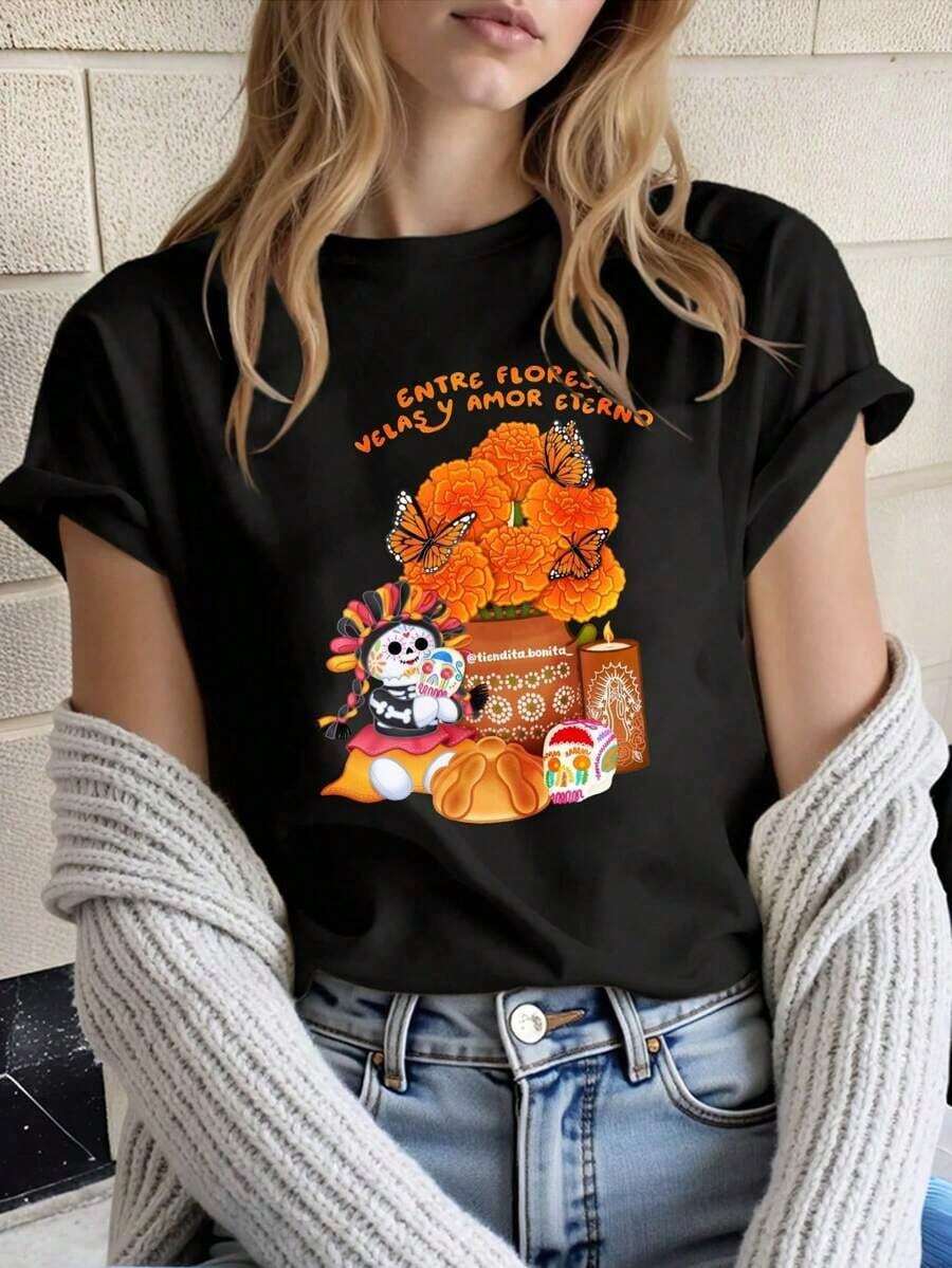 GiftMYNOVA Women's Plus Size Soft Cotton T-Shirt With Day Of The Dead Skull And Flower Print, Halloween Gift, Outfit, Fashionable Summer Casual Women's Dress, Perfect For All Seasons, Sizes S M L XL, 100% Cotton - 黑色 - 查看 1