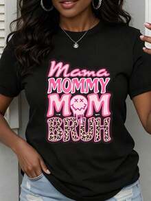 Camiseta de Cuello Redondo para Mujer, Estampado de Leopardo, Manga Corta, Estilo Casual de Verano, Regalo para el Día de la Madre - Negro - Ver 7