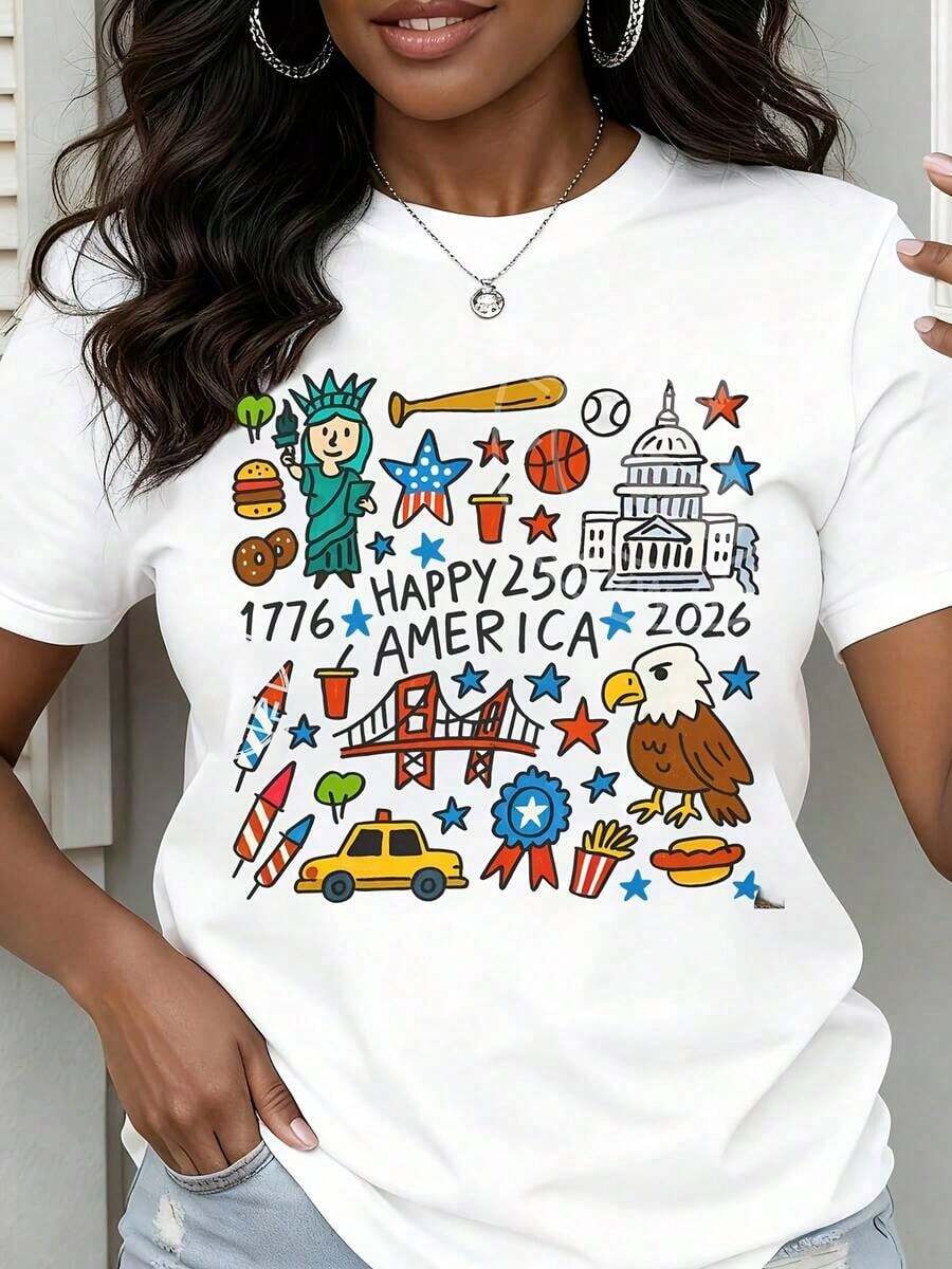Camiseta de Cuello Redondo para Mujer, Día de la Independencia de Estados Unidos 1776 a 2026, Feliz 250 Aniversario de América, Íconos Patrióticos, Estatua de la Libertad, Águila, Edificio del Capitolio, Puente Golden Gate, Camiseta Casual de Manga Corta para Celebrar el Día Nacional de Estados Unidos. - Blanco - Ver 1