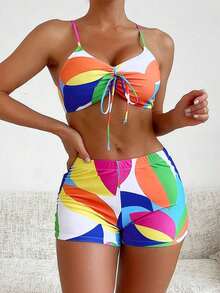 Swim Lushoire Conjunto de bikini con estampado geométrico para damas para playa y carnaval de verano - Rojo - Ver 3