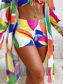 Swim Lushoire Conjunto de bikini con estampado geométrico para damas para playa y carnaval de verano - Rojo - Ver 5