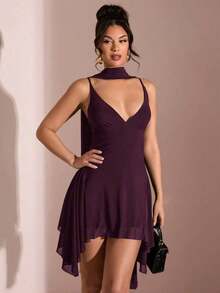 Vestido corto de gasa con escote en V profundo y cinta de color negro sólido, adecuado para citas diarias, salidas nocturnas, discotecas, fiestas, reuniones, fiestas de cóctel, monos de vacaciones, fiestas en la piscina, ropa de oficina, vestidos para ir y venir - Granada - Ver 1