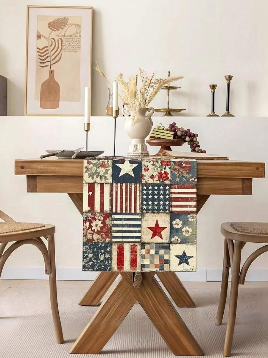1pc, Retro 4Th Of July Table Runner With Vintage Patchwork For The 250Th Anniversary Of American Independence Day, A Patriotic Decoration For Home Kitchen Table - Dusty Blue - View 1