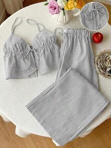 2 piezas Conjunto casual de vacaciones con rayas tejidas amarillas para mujer, /verano - Gris - Ver 8