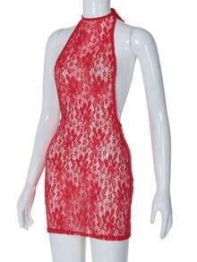 Sensual Halter Dress With Fitted Lace And A Voluminous Effect For Parties - Red - View 7