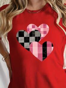 Round Neck T-Shirt With Heart And Check Print, Casual Short Sleeve T-Shirt For Spring And Summer, Women's Clothing - Urban Vintage Style, Unisex Loose Fit Cotton Short Sleeve Round Neck T-Shirt - 紅色 - 查看 7