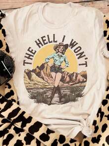 Short-Sleeved T-Shirt With A Vintage Western Landscape Graphic Print And A Girl, For Plus Sizes. - Beis - View 3