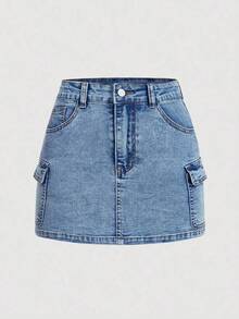 Minifalda casual cargo de mezclilla lavada para mujer - Azul lavado medio - Ver 5