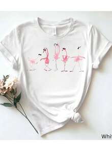 Women's White Cotton T-Shirt: Flamingo Fashion Walk Design, Loose And Comfortable - White - View 1