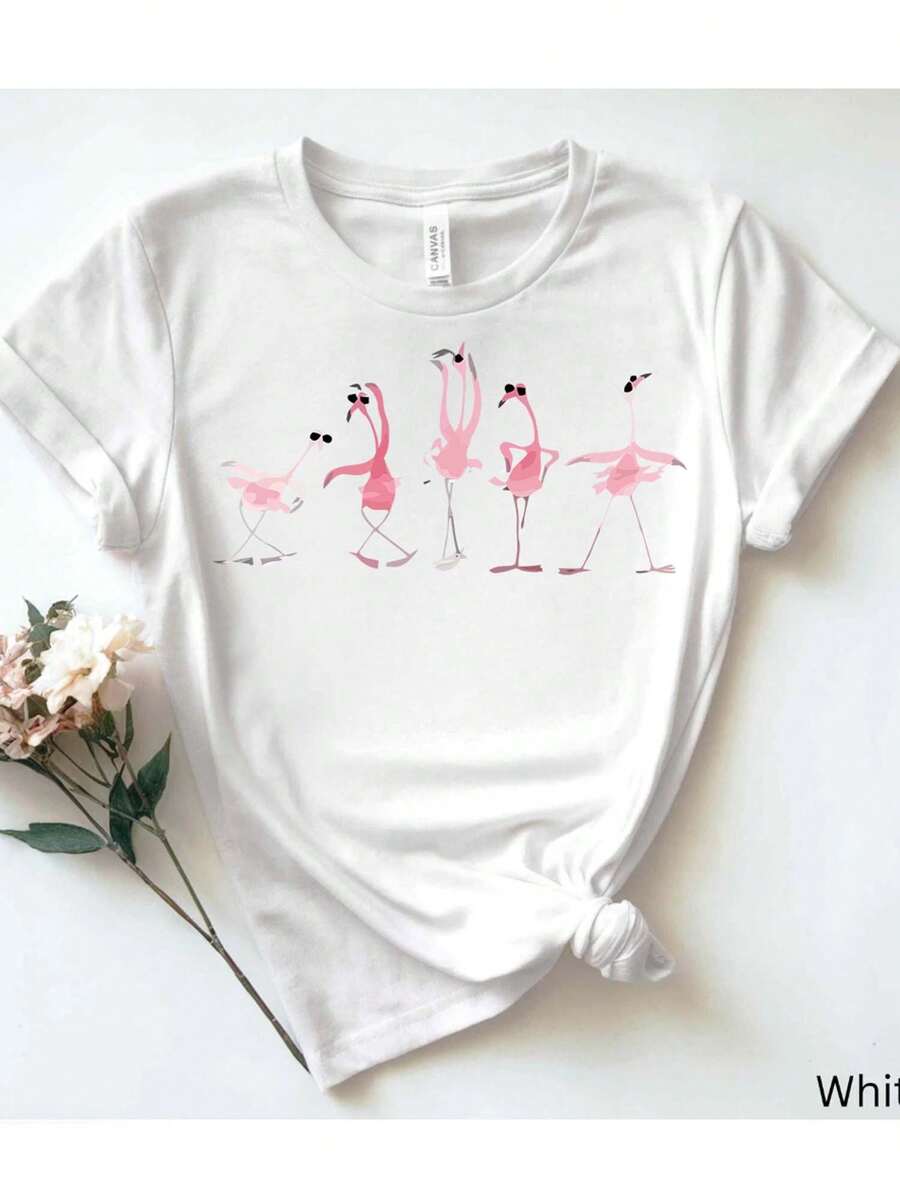 Women's White Cotton T-Shirt: Flamingo Fashion Walk Design, Loose And Comfortable - White - View 1