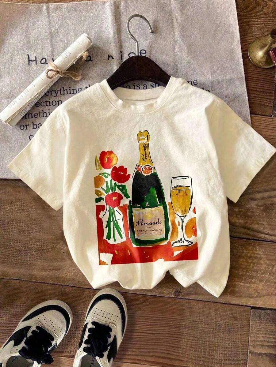 Camiseta de manga corta con cuello redondo y estampado de botella de champán, talla grande, ajuste regular de tela elástica de alta calidad para looks casuales de moda,Camiseta Gráfica Vintage Oversized Mujer Algodón - Albaricoque - Ver 1