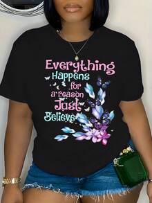 Camiseta de Cuello Redondo para Mujer Talla Grande - Estampado Geométrico, Manga Corta en Mezcla Suave de Poliéster, Lavable a Máquina, Colores Vibrantes, Ropa Cómoda y Casual para Primavera/Verano, Camisetas con Mensajes Motivacionales, Ajuste Confortable - Negro - Ver 8