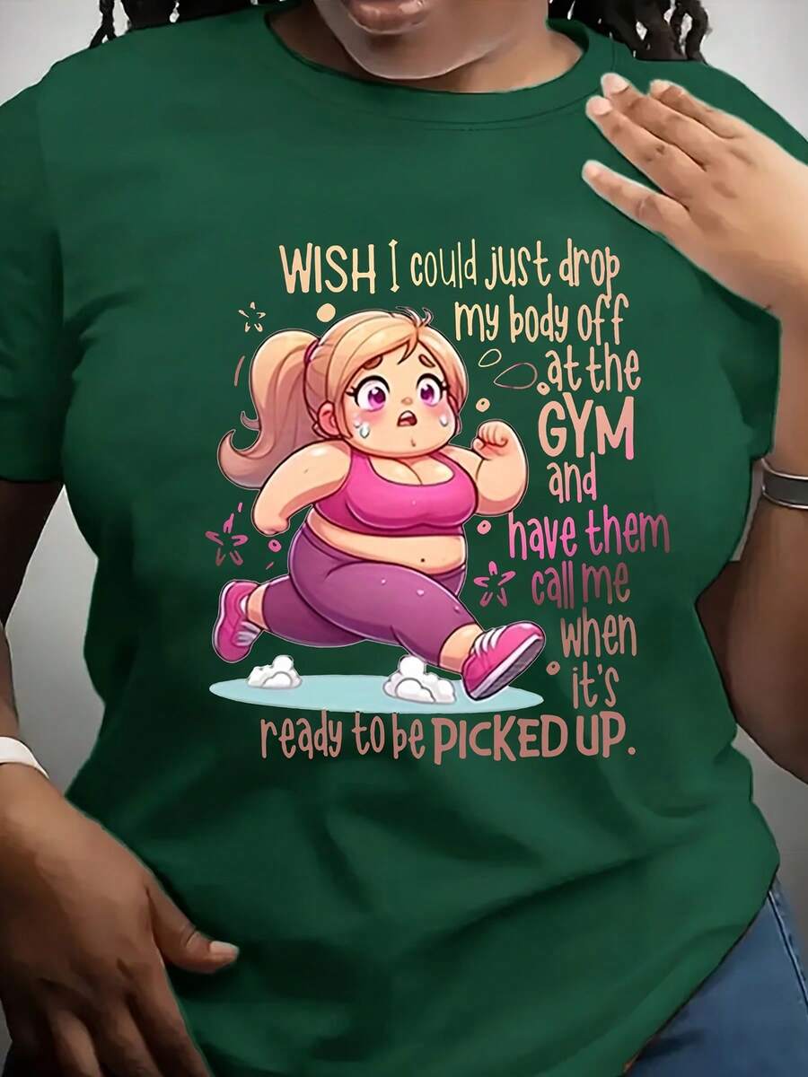 Plus Size - Women's Plus Size Gymnast Graphic Tee - Inspirational Design "I Wish I Could Leave My Body At The Airport And Get A Call To Pick Me Up." Casual Crew Neck, Short Sleeves, All-Season Clothing, Shirts. - 綠色的 - 查看 1