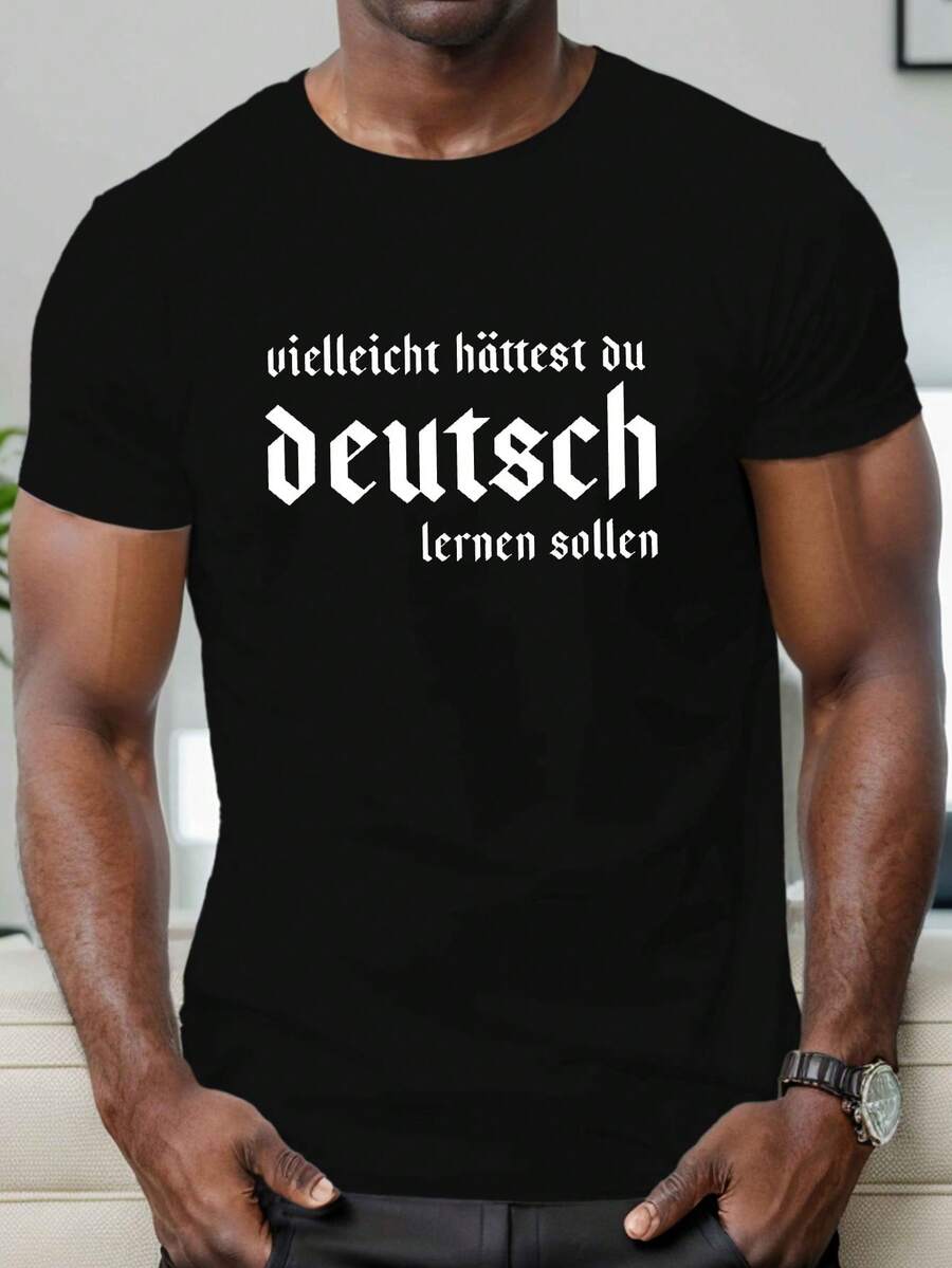 Camiseta de manga corta para hombre 'Quizás deberías aprender alemán' - Top casual de verano con cuello redondo, patrón geométrico, poliéster - Negro - Ver 1