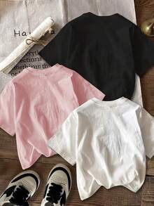 Camiseta casual de manga corta con estampado de niña de dibujos animados, talla grande, de una sola pieza, con cuello redondo, ideal para el uso diario, adecuada para verano y primavera, camiseta versátil para mujer, top femenino. - Blanco - Ver 2