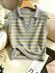 Chaleco de punto casual y elegante con cuello y rayas para mujer - Multicolor - Ver 5