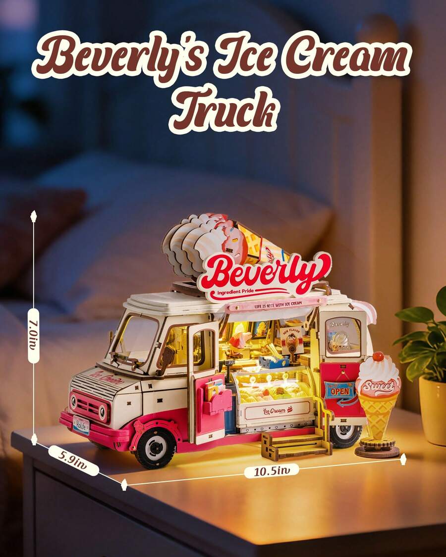 Robotime Rolife 3D Wooden Puzzles For Adults - Ice Cream Truck Model Kit DIY Building Set, 290pcs Wood Craft Home Desk Decor, No Glue Needed Creative Gift For Family And Friends - Pink - View 1