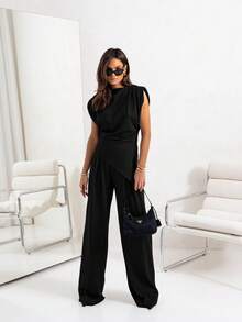 Conjunto informal de manga corta de color sólido con diseño irregular - Negro - Ver 1