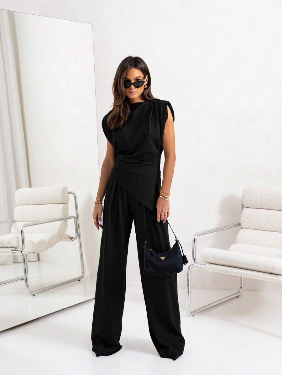 Conjunto informal de manga corta de color sólido con diseño irregular - Negro - Ver 1