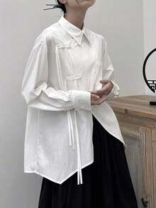 Camisa de mujer elegante y casual con cuello vuelto, manga larga suelta y asimétrica, de tela tejida de unicolor, con cierre de botones, adecuada para uso casual, oficina, diario, aeropuerto, primavera/verano, color negro - Blanco - Ver 6