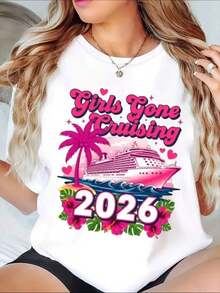 1 Piece Girls Gone Cruising 2026 T-Shirt For Cruise, Summer Travel Gift For Women, Beach Party Outfit, Tropical Design. It's A Perfect T-Shirt To Give To Friends And Family On Any Holiday Or Special Occasion, 220g 180g 100% Cotton. - 白色 - 查看 8