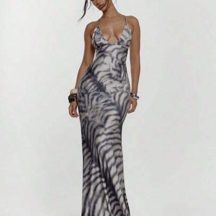 Lace Up Front Cup Detail Fitted Animal Print Maxi Dress Sexy Going Out Autumn Fall Night Out Cute Streetwear Party Elegant Spring Summer Vacation - Multicolor - Ver 1