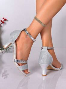 Silver Glitter High Heel Sandals, Versatile Strap Party & Wedding Shoes, Mid-Heel Comfortable Design For Plus Size - Silver - View 5
