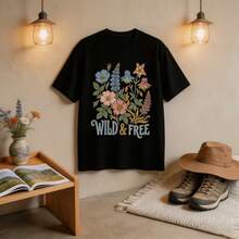 Women's Casual Wild & Free Floral Print Cotton Blend T-Shirt, Vintage Inspired Short Sleeve Top With Medium Stretch For Everyday Wear - 黑色 - 查看 3