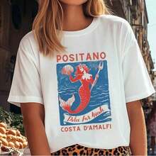 1 pieza Camiseta de Sirena Positano Dolce Far Niente D'Amalfi, Camiseta de Viaje de Italia para Abuela Costera, Camiseta de Sirena Mermaidcore, Camiseta de Abuela Costera, 180g 100% Algodón, los diseños están completamente impresos. Unisexo. - Blanco-1 - Ver 6