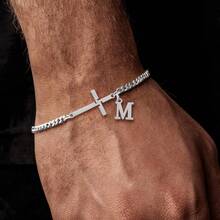 1 pieza Pulsera de cadena de acero inoxidable con cruz y letra minimalista para hombres - Plateado - Ver 1