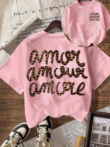 Women's "More Love" Leopard Print Round Neck Short Sleeve T-Shirt, Casual, Black, For Summer, Autumn/Back To School. - 淡粉紅色 - 查看 1