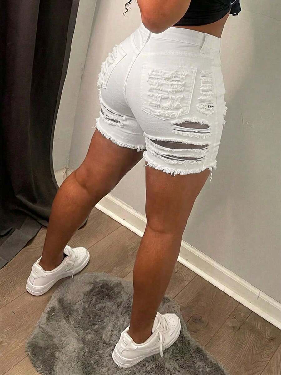 MUZZ Women's Summer Vacation Casual Party Denim Shorts, Music Festival Fashion Sexy Ripped Stretch Skinny Straight Jeans White, Y2K Aesthetic - White - View 1
