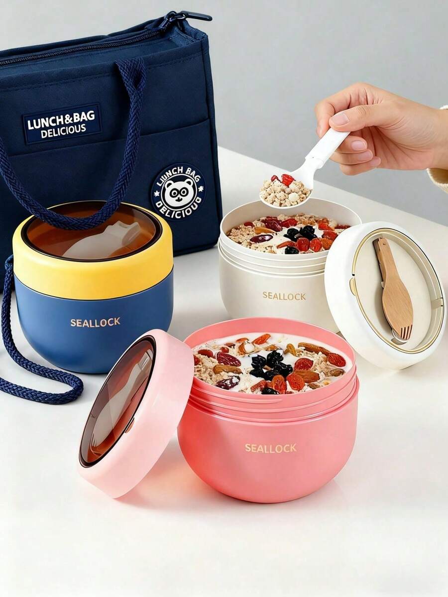 600ml 便攜式燕麥優格杯，PP材質，附蓋子、配套湯匙與矽膠手柄，密封設計，適合露營與旅行，可盛裝優格、隔夜燕麥、沙拉、水果、蔬菜、零食、穀物、牛奶、布丁與湯品，可重複使用便攜式早餐廚房容器