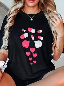 Plus Size, Plus Size Graphic Print T-shirt, Short Sleeve Crew Neck Casual Top for Summer & Spring, Women's Plus Size Clothing - Negro - Ver 2