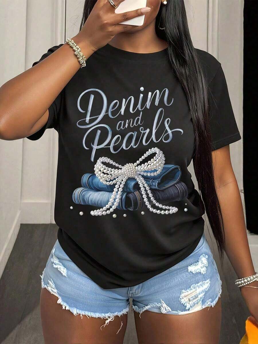 Women's Clothing Women's Denim And Pearl Bow T-Shirts, Plus Size For Summer Beach Vacation, 2025 Outfit For Elegant Women, Denim And Pearl Bow Design Flirty T-Shirt. - 黑色 - 查看 1