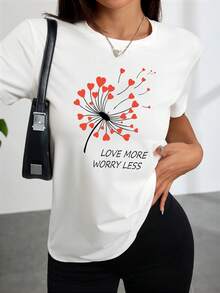 Women's White T-Shirt With A Dandelion Heart Design, Promoting A Message Of Love And Care, Perfect For Casual Outings And Leisure. - 白色 - 查看 1