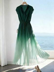 Vestido de Mujer con Corte en A y Dobladillo Plisado en Degradado, Diseño con Cintura Ajustada, Elegante para Vacaciones, Trabajo, Día de San Valentín, Citas, Estilo Vintage Francés Versátil para Fiestas, Principios de Primavera/Primavera-Verano, Sin Mangas, Azul y Blanco, Nueva Llegada, Largo Medio - Verde Oscuro - Ver 9