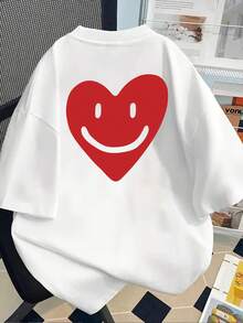 Camiseta con estampado de corazón y sonrisa| Camiseta Casual de Manga Corta y Cuello Redondo para Mujer, Moderna y Versátil para Primavera y Verano, Estilo Y2k - Blanco - Ver 2