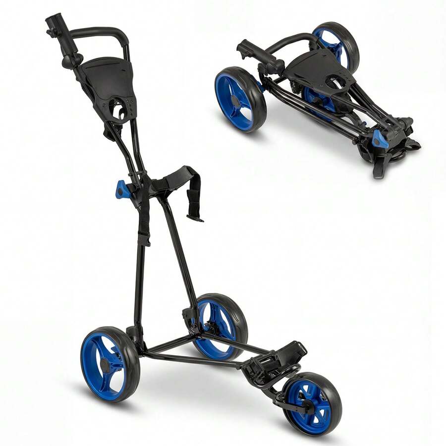 GOFLAME Folding Golf Pull Trolley 3-Wheel Golf Push Cart With Scoreboard Storage Net Umbrella & Cup Holder - Blue - View 1