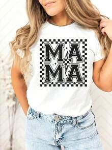 1 Piece Women's Graphic Print T-Shirt, College Style T-Shirt For Mom, Plaid T-Shirt For Mom, Mother's Day Gift, Lightning Bolt Print Sweatshirt For Mom, Mother's Day T-Shirt Gifts For Mom's Birthday, Casual Short Sleeve Crew Neck T-Shirt For Women, 1 Piece Fashion Shirt, Gift For Mom, Thanksgiving Gift, 180g 100% Cotton, All Patterns Are Printed. Unisex. - 白色 002 - 查看 12