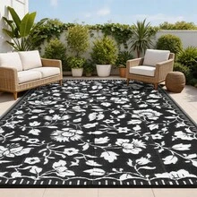 Vintage Floral Outdoor Area Rug UV Resistant Waterproof Breathable Easy To Maintain Lightweight Pet Friendly Camping Carpet For RV Trip Balcony Picnic Backyard Garden Picnic Beach - Black and White - View 5