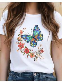 Modern And Fashionable Women's T-Shirt With Butterfly And Flower Print, Short Sleeves And Round Neck, Casual Style, Suitable For Daily Use, Loose Fit, Urban Vintage Style, Unisex, Cotton, Short Sleeves And Round Neck. - 白色 - 查看 8