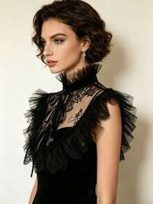 1pc Black Lace Ruffle Mesh Collar, Gothic Victorian Detachable Fake Collar With Ribbon Tie, Vintage Lolita Style Dress Collar Decor - Black - View 5