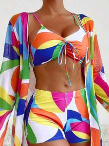 Swim Lushoire Conjunto de bikini con estampado geométrico para damas para playa y carnaval de verano - Rojo - Ver 4