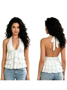 Women's Solid Halter Tops Deep V-Neck Backless Tie-Back Slim Layered Ruffle Hem Vest For Party, Beach - White - View 8