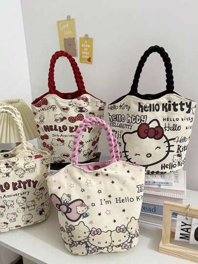 SANRIO Hello Kitty 可爱帆布手提包，大容量休闲单肩包，时尚便携学生/工作手提包