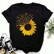 Women's 100% Cotton Blouse, European And American Style, New, With Pink Sunflower Print, Round Neck, Short Sleeves And Loose Fit. - 黑色2 - 查看 6